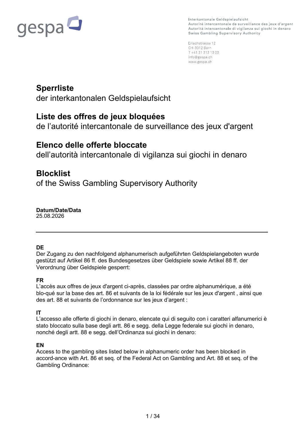 Schermata del documento Gespa sul blocco degli accessi
